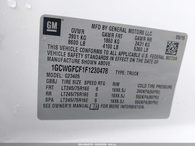 Продажа на аукционе авто 2015 Chevrolet Express 2500 Work Van, vin: 1GCWGFCF1F1230478, номер лота: 45049735