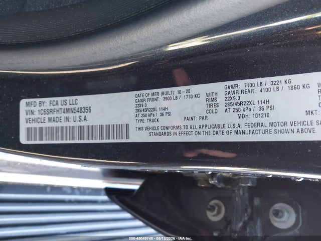 Продаж на аукціоні авто 2021 Ram 1500 Limited  4x4 5'7 Box, vin: 1C6SRFHT4MN548356, номер лоту: 45049740