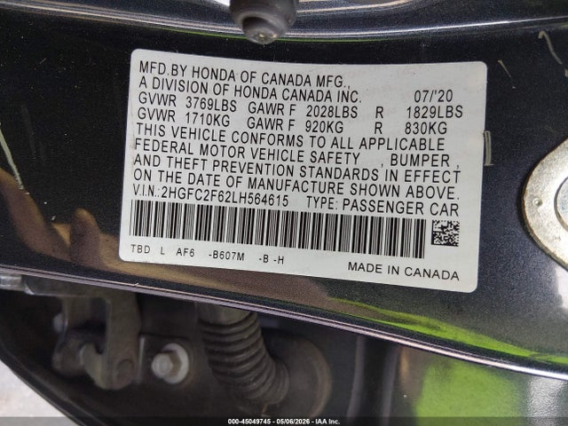 Продаж на аукціоні авто 2020 Honda Civic Lx, vin: 2HGFC2F62LH564615, номер лоту: 45049745