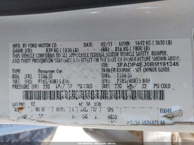 Продаж на аукціоні авто 2011 Ford Fiesta Se, vin: 3FADP4EJ0BM191348, номер лоту: 45049752