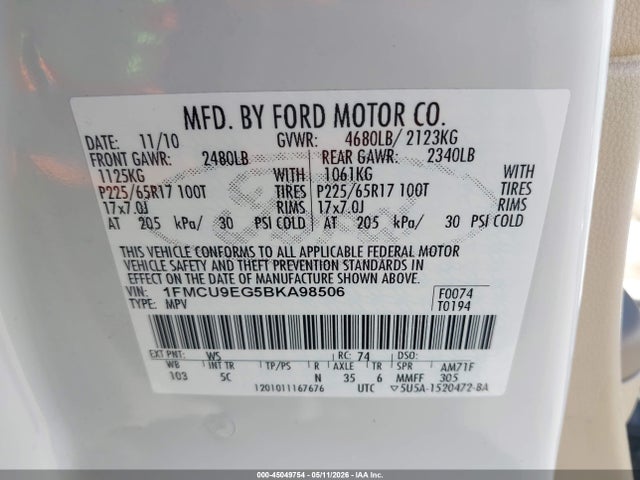 Продаж на аукціоні авто 2011 Ford Escape Limited, vin: 1FMCU9EG5BKA98506, номер лоту: 45049754