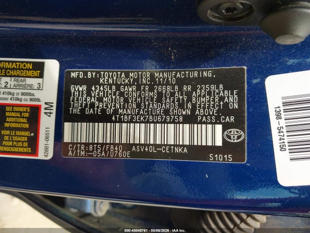 Auction sale of the 2011 Toyota Camry Le, vin: 4T1BF3EK7BU679758, lot number: 45049761