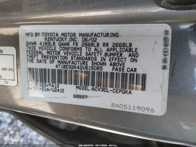 Aukcja sprzedaży 2002 Toyota Camry Xle, vin: 4T1BE32K42U615085, numer aukcji: 45049762