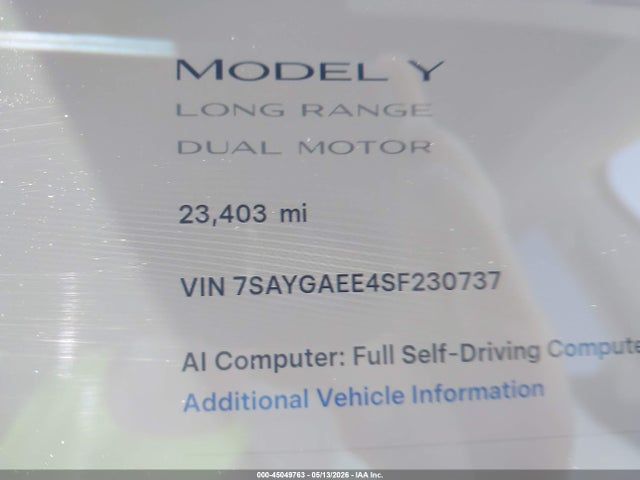 Aukcja sprzedaży 2025 Tesla Model Y Long Range Dual Motor All-wheel Drive, vin: 7SAYGAEE4SF230737, numer aukcji: 45049763