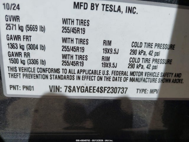 Aukcja sprzedaży 2025 Tesla Model Y Long Range Dual Motor All-wheel Drive, vin: 7SAYGAEE4SF230737, numer aukcji: 45049763