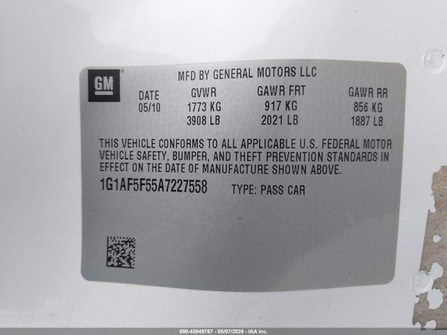 45049767 :رقم المزاد ، 1G1AF5F55A7227558 vin ، 2010 Chevrolet Cobalt Lt مزاد بيع