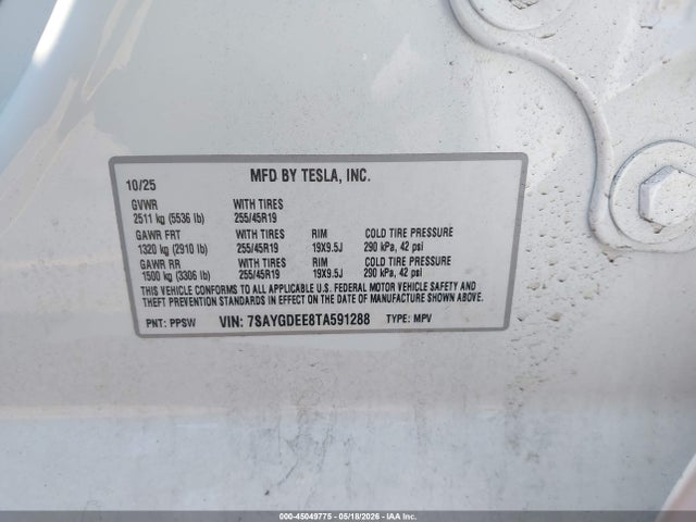 Продажа на аукционе авто 2026 Tesla Model Y All-wheel Drive/long Range Launch Series/premium All-wheel Drive, vin: 7SAYGDEE8TA591288, номер лота: 45049775