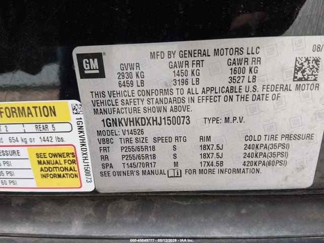 Продажа на аукционе авто 2017 Chevrolet Traverse 2lt, vin: 1GNKVHKDXHJ150073, номер лота: 45049777