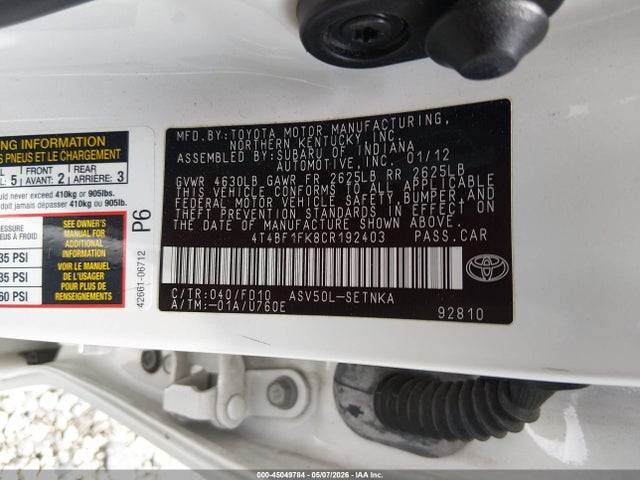 Aukcja sprzedaży 2012 Toyota Camry Le, vin: 4T4BF1FK8CR192403, numer aukcji: 45049784