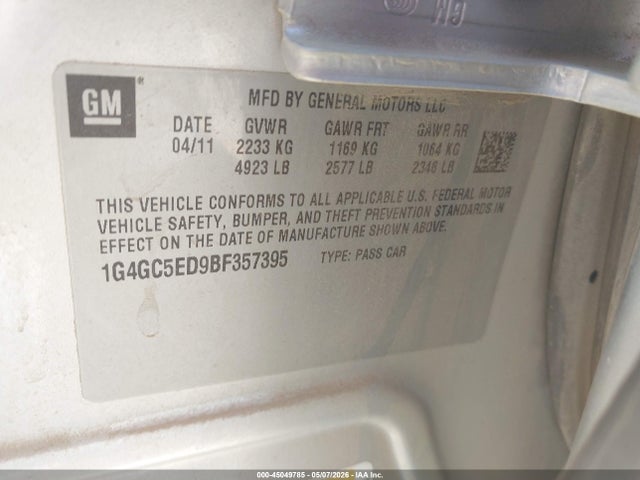 Aukcja sprzedaży 2011 Buick Lacrosse Cxl, vin: 1G4GC5ED9BF357395, numer aukcji: 45049785