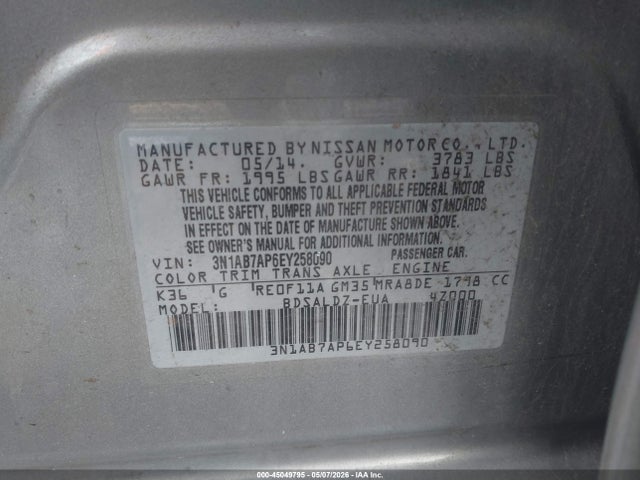 2014 Nissan Sentra Sv მანქანა იყიდება აუქციონზე, vin: 3N1AB7AP6EY258090, აუქციონის ნომერი: 45049795
