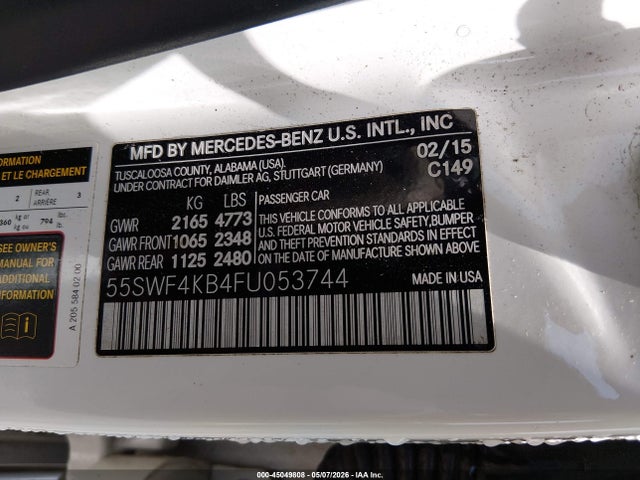 Aukcja sprzedaży 2015 Mercedes-benz C 300 4matic, vin: 55SWF4KB4FU053744, numer aukcji: 45049808