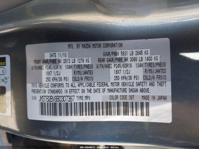 45049812 :رقم المزاد ، JM3TB2BV8B0307387 vin ، 2011 Mazda Cx-9 Sport مزاد بيع
