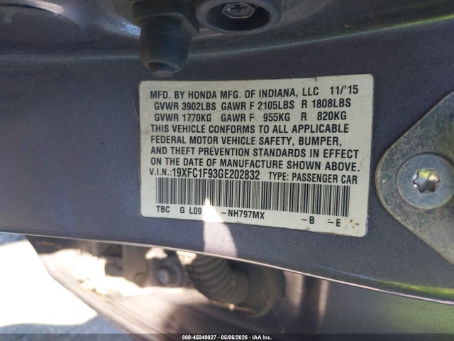 Продаж на аукціоні авто 2016 Honda Civic Touring, vin: 19XFC1F93GE202832, номер лоту: 45049827