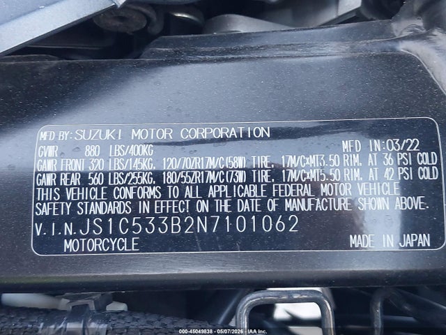 2022 Suzuki Gsx-s750 M/z მანქანა იყიდება აუქციონზე, vin: JS1C533B2N7101062, აუქციონის ნომერი: 45049838