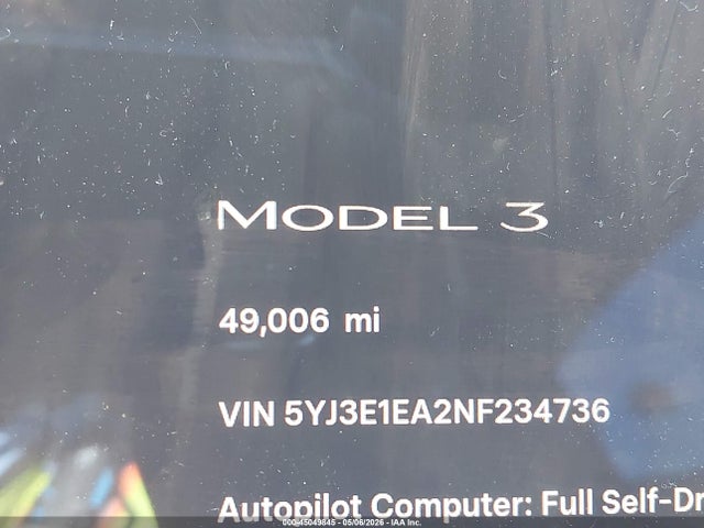 Aukcja sprzedaży 2022 Tesla Model 3 Rear-wheel Drive, vin: 5YJ3E1EA2NF234736, numer aukcji: 45049845