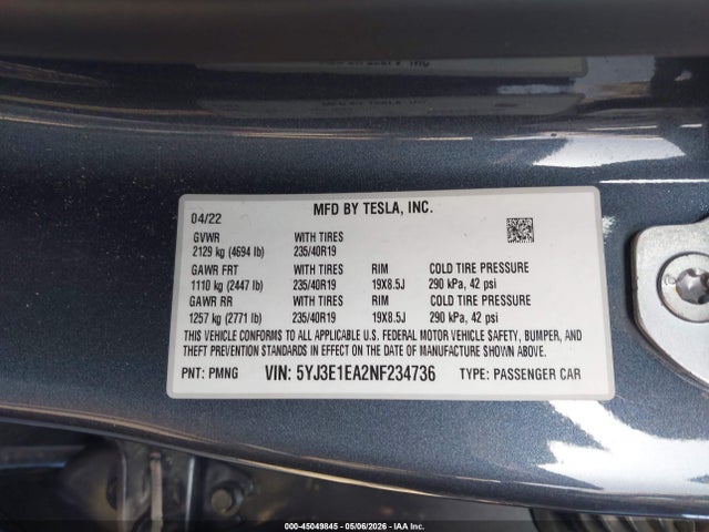 Aukcja sprzedaży 2022 Tesla Model 3 Rear-wheel Drive, vin: 5YJ3E1EA2NF234736, numer aukcji: 45049845