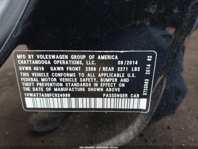 45049850 :رقم المزاد ، 1VWAT7A38FC024998 vin ، 2015 Volkswagen Passat 1.8t Wolfsburg Edition مزاد بيع