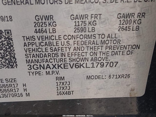 45049858 :رقم المزاد ، 3GNAXKEV6KL179707 vin ، 2019 Chevrolet Equinox Lt مزاد بيع