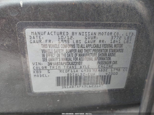 45049859 :رقم المزاد ، 3N1AB7APXDL623107 vin ، 2013 Nissan Sentra Sv مزاد بيع