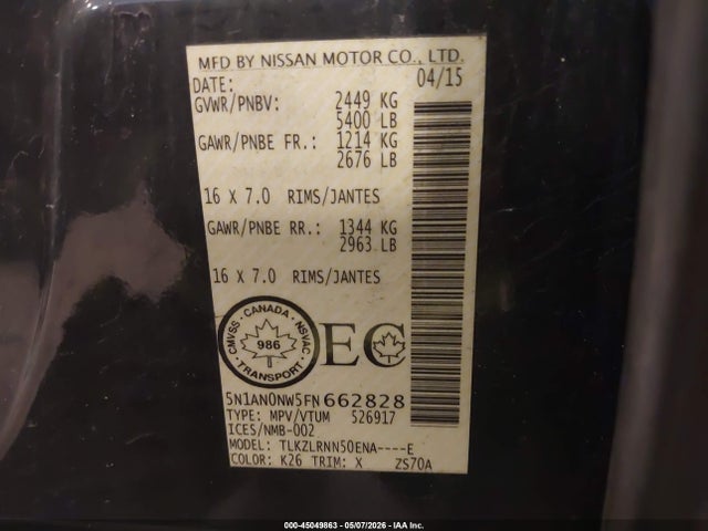 45049863 :رقم المزاد ، 5N1AN0NW5FN662828 vin ، 2015 Nissan Xterra Pro-4x/s/x مزاد بيع