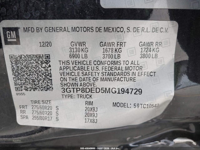 45049868 :رقم المزاد ، 3GTP8DED5MG194729 vin ، 2021 Gmc Sierra 1500 2wd  Short Box Slt مزاد بيع