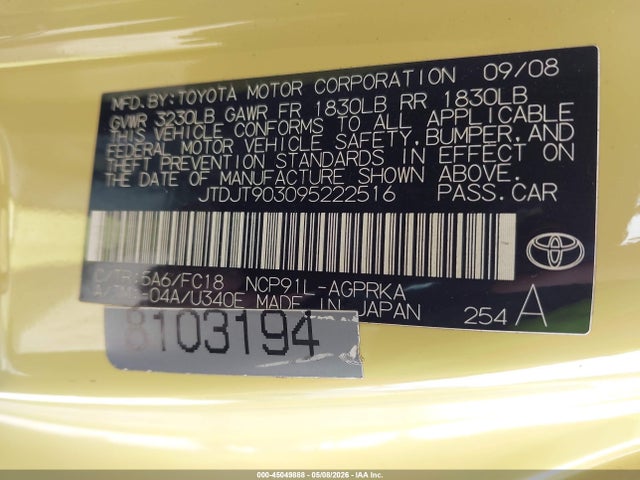 45049888 :رقم المزاد ، JTDJT903095222516 vin ، 2009 Toyota Yaris مزاد بيع