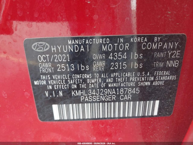 45049895 :رقم المزاد ، KMHL34J29NA187845 vin ، 2022 Hyundai Sonata Limited مزاد بيع