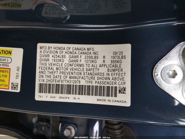Продажа на аукционе авто 2026 Honda Civic Hybrid Sport/sport Touring, vin: 2HGFE4F87TH312978, номер лота: 45049922