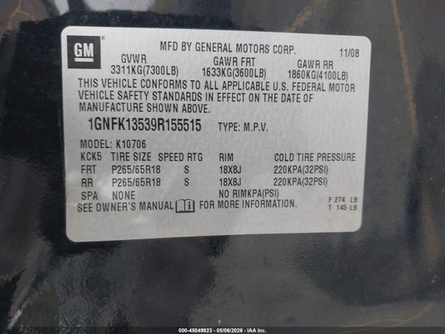 Auction sale of the 2009 Chevrolet Tahoe Hybrid, vin: 1GNFK13539R155515, lot number: 45049923