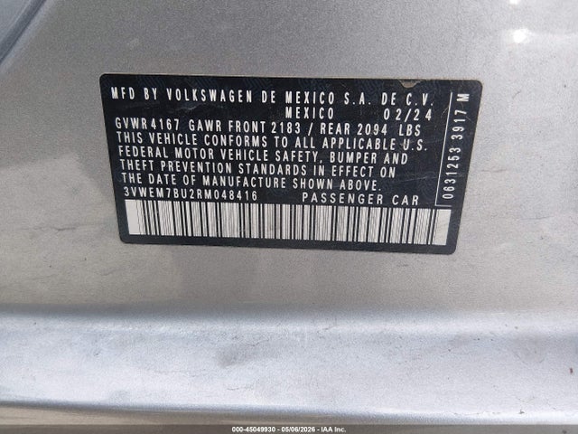 2024 Volkswagen Jetta 1.5t Se მანქანა იყიდება აუქციონზე, vin: 3VWEM7BU2RM048416, აუქციონის ნომერი: 45049930