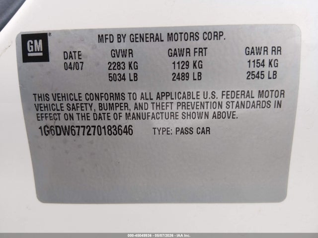 2007 Cadillac Sts V6 მანქანა იყიდება აუქციონზე, vin: 1G6DW677270183646, აუქციონის ნომერი: 45049936