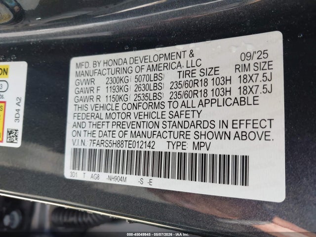7FARS5H88TE012142 Honda Cr-v Hybrid 2wd Sport-l