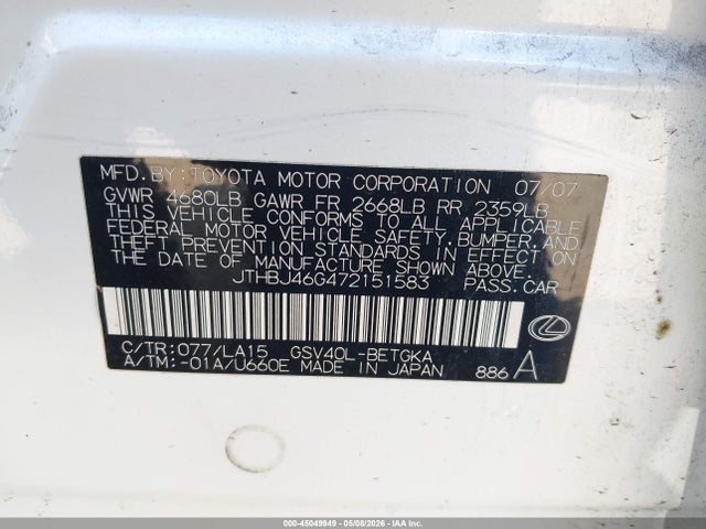 Aukcja sprzedaży 2007 Lexus Es 350, vin: JTHBJ46G472151583, numer aukcji: 45049949