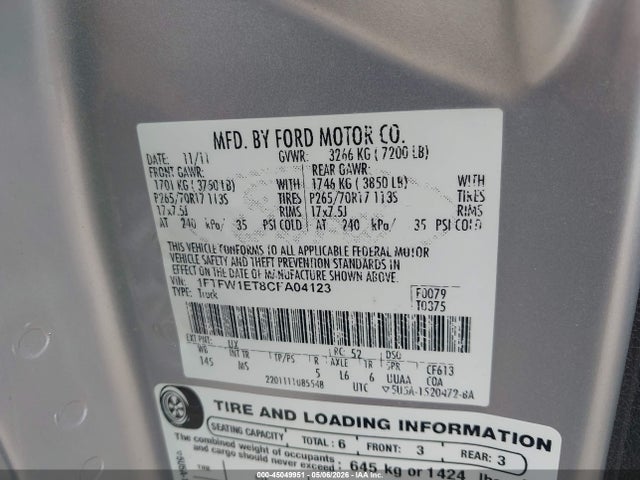 45049951 :رقم المزاد ، 1FTFW1ET8CFA04123 vin ، 2012 Ford F-150 Xlt مزاد بيع