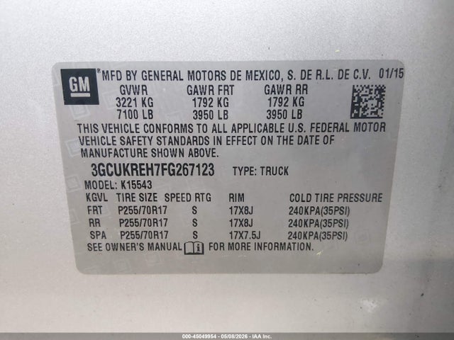 2015 Chevrolet Silverado 1500 1lt მანქანა იყიდება აუქციონზე, vin: 3GCUKREH7FG267123, აუქციონის ნომერი: 45049954