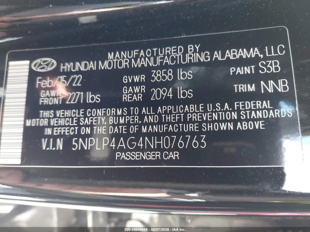 2022 Hyundai Elantra Limited მანქანა იყიდება აუქციონზე, vin: 5NPLP4AG4NH076763, აუქციონის ნომერი: 45049958