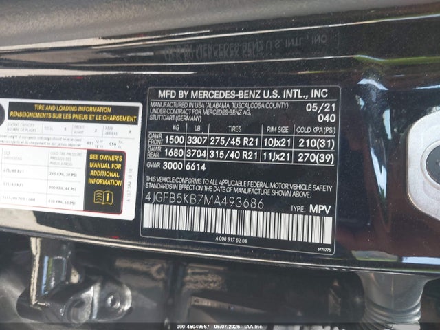 Aukcja sprzedaży 2021 Mercedes-benz Gle 450 4matic, vin: 4JGFB5KB7MA493686, numer aukcji: 45049967