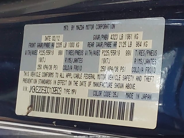 2013 Mazda Cx-5 Grand Touring მანქანა იყიდება აუქციონზე, vin: JM3KE2DE9D0109503, აუქციონის ნომერი: 45049972