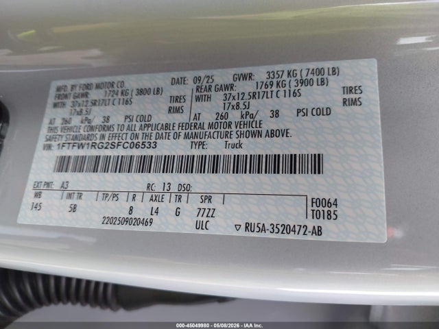Ford F-150 Raptor 2025 1FTFW1RG2SFC06533 Image 9
