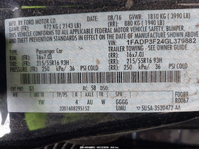 45049983 :رقم المزاد ، 1FADP3F24GL379882 vin ، 2016 Ford Focus Se مزاد بيع