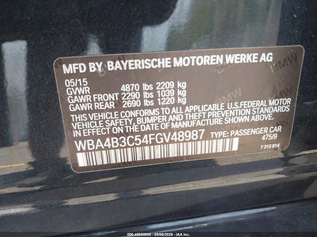 45050005 :رقم المزاد ، WBA4B3C54FGV48987 vin ، 2015 Bmw 435i Gran Coupe Xdrive مزاد بيع