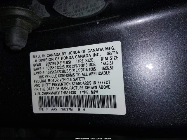 Aukcja sprzedaży 2015 Honda Cr-v Lx, vin: 2HKRM4H31FH691438, numer aukcji: 45050006