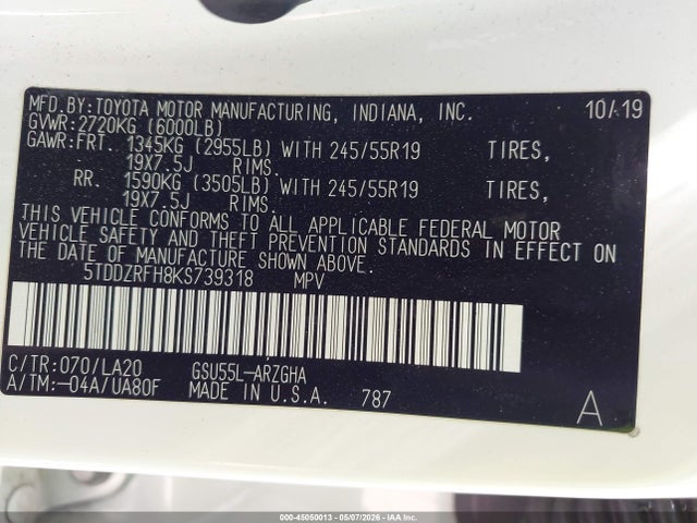 5TDDZRFH8KS739318 Toyota Highlander Limited
