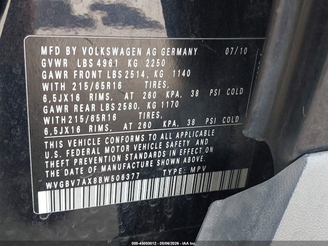 45050012 :رقم المزاد ، WVGBV7AX8BW506377 vin ، 2011 Volkswagen Tiguan S مزاد بيع