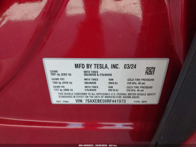 Aukcja sprzedaży 2024 Tesla Model X Long Range, vin: 7SAXCBE59RF441973, numer aukcji: 45050022