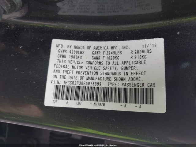45050026 :رقم المزاد ، 1HGCR2F30EA078099 vin ، 2014 Honda Accord Lx مزاد بيع