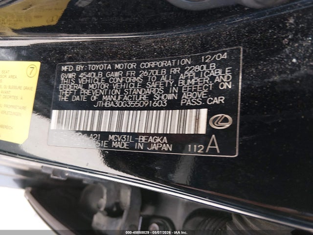 Aukcja sprzedaży 2005 Lexus Es 330, vin: JTHBA30G355091603, numer aukcji: 45050029