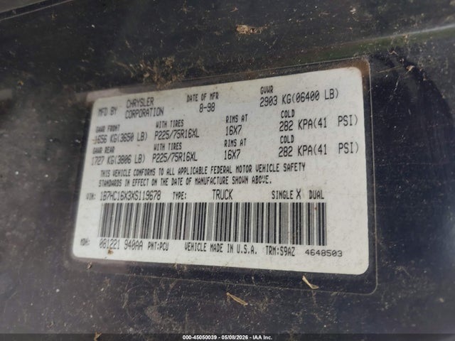 Продаж на аукціоні авто 1999 Dodge Ram 1500 St/ws, vin: 1B7HC16X3XS119678, номер лоту: 45050039