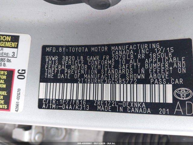 2T1BURHE3GC585772 Toyota COROLLA LE
